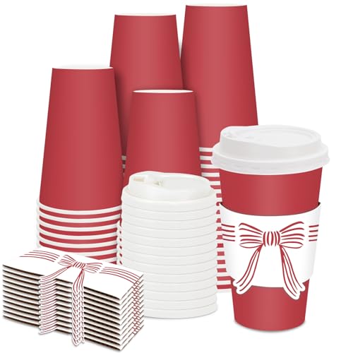 50 Pack Christmas Red Coffee Cups with Lids & Bow Sleeves 16oz Disposable Holiday Drinkware