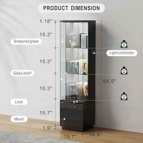 65" Lockable Glass Display Cabinet with 3-Color Sensor LED Lights