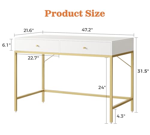 Modern 47-Inch Vanity Desk with Two Drawers, White and Gold Makeup Table