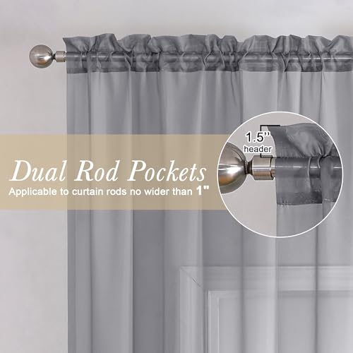 Charcoal Grey Sheer Voile Curtains 84 Inches Long - 2 Panel Set (40" x 84")