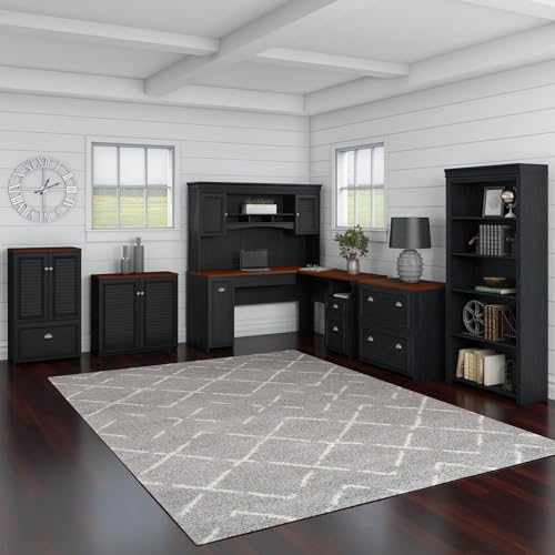 Bush Fairview 60W L Shaped Desk Hutch with Shelves & Cabinets - Antique Black