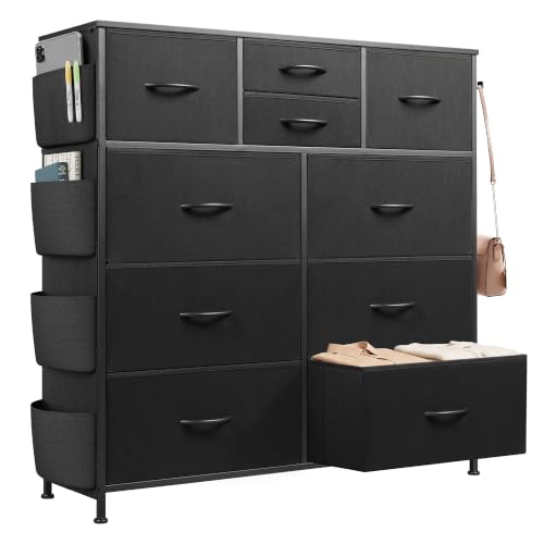 10-Drawer Fabric Dresser with Steel Frame, Side Pockets and Hooks