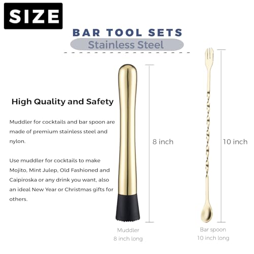 Gbuxska Gold Cocktail Muddler Set - 10 Inch Bar Mixing Spoon & 8 Inch Muddler for Drinks