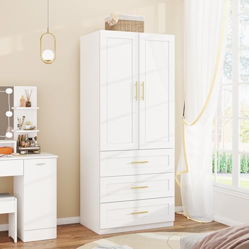 Modern White Wardrobe Armoire with 3 Drawers and Hanging Rod, 75 Inch
