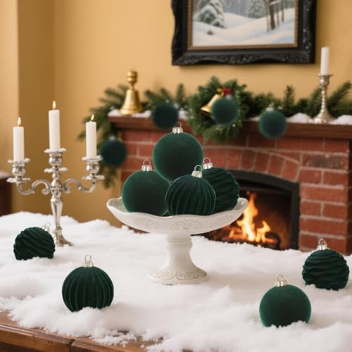 Rzoukler Green Velvet Christmas Ornaments Set 12pcs - 3.15 Inch Holiday Decor