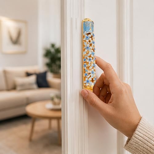 Decorative Enamel Mezuzah with Scroll - Hand Painted Floral Design 5.5 Inch