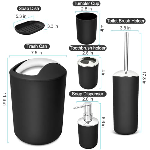 6-Piece Plastic Bathroom Accessory Set with Trash Can, Black