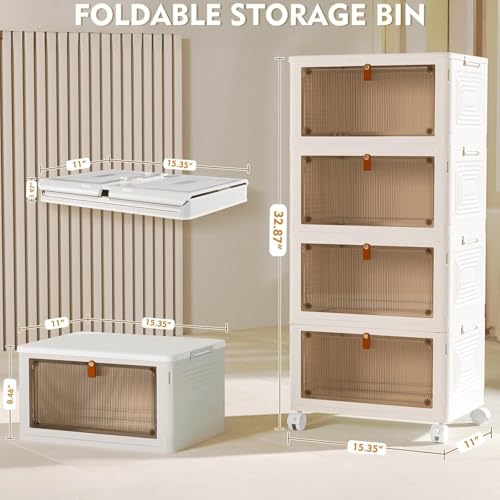 4-Tier Plastic Storage Bins with Lids and Wheels Stackable Folding Box