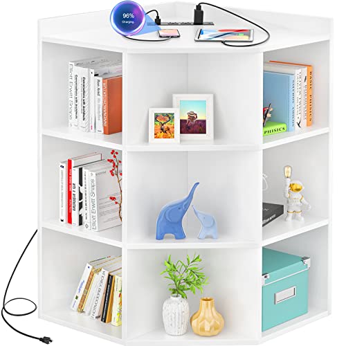 4-Tier Corner Storage Cabinet with Charging Station and USB Ports, White