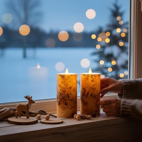 CozierGlow Birch Bark Flameless Candles with Remote, 3D Moving Flame, 2-Pack, 6-Inch Battery-Operated
