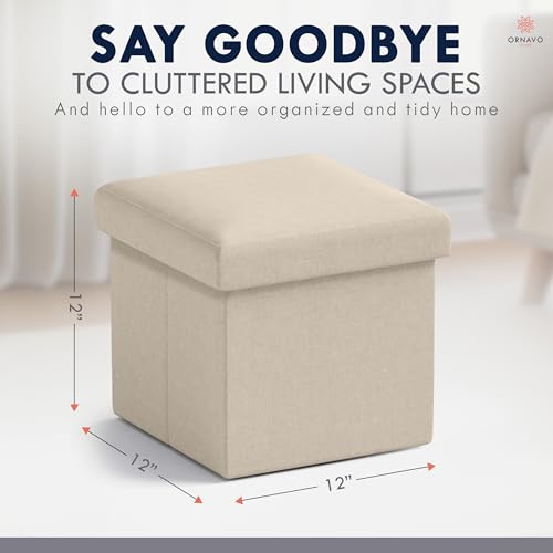 Small Square Storage Ottoman, Foldable Linen Cube Foot Rest, 12x12x12 Inch
