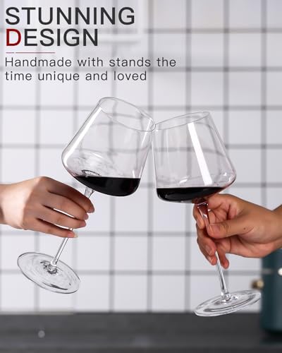 Physkoa Set of 6 Red Wine Glasses - 18oz Hand Blown Crystal Tall Stem Modern Square Bowls