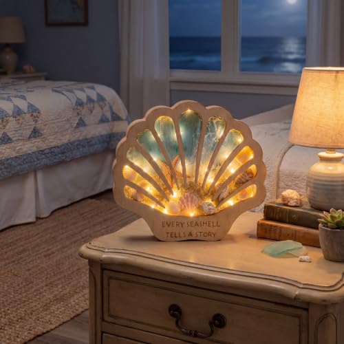 Seashell Display Case with Lights, Wooden Shadow Box for Beach Treasures