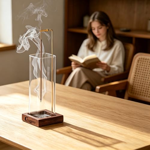 Wooden Incense Holder with Ash Catcher & Glass Burner Set with 20 Sticks