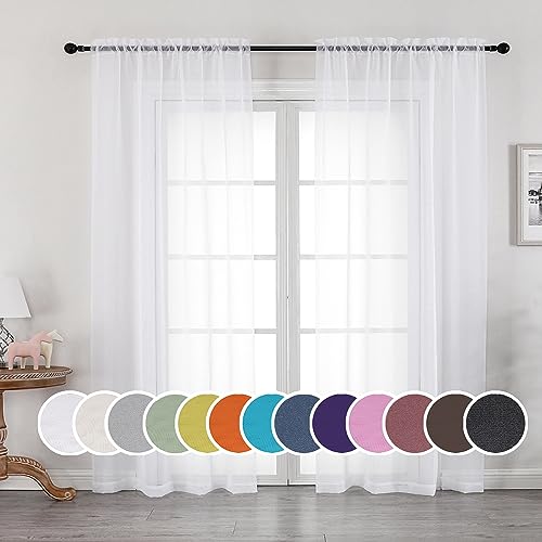 OWENIE White Sheer Curtains 84 Inches Long - 2 Panel Rod Pocket Set