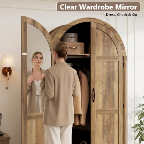 71" Arched Wooden Wardrobe Armoire with Mirror, Drawers, and Hanging Rod