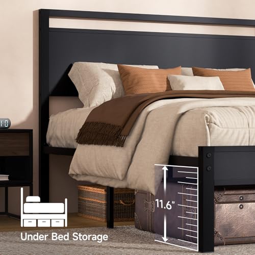 Queen Bed Frame with Wooden Headboard and Footboard, Metal Platform Bed