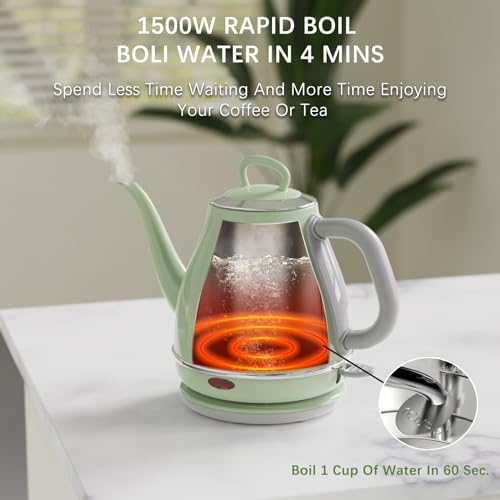 Anfilank 1L Green Electric Gooseneck Kettle, 1500W Fast Boil, Stainless Steel BPA-Free