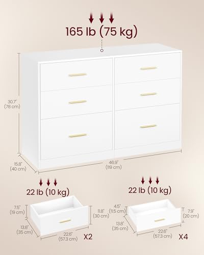 6-Drawer Dresser Chest with Gold Handles, Modern Storage Tower in White