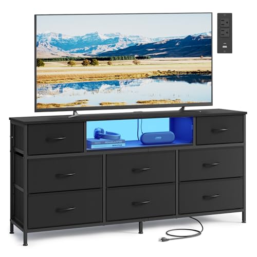 8-Drawer Dresser with LED Lights, Charging Station, and Steel Frame
