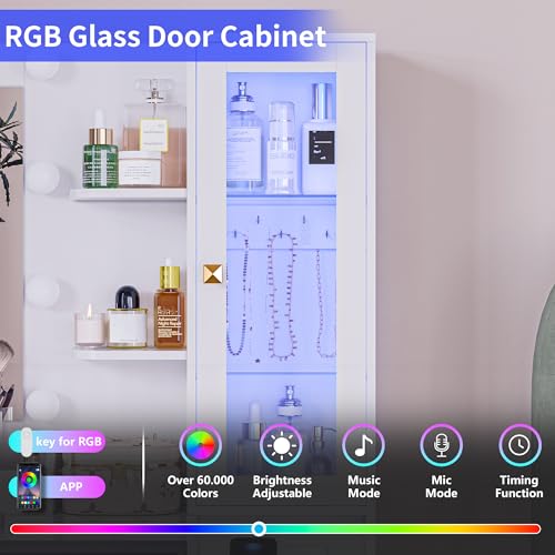 Makeup Vanity Desk with Lighted Mirror, RGB Glass Cabinet and Stool