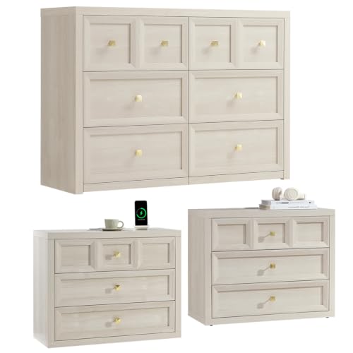 NOWABAY 3-Piece Grey White Dresser Bedroom Set with 6-Drawer Dresser & 2 Nightstands, Farmhouse Style, with Charging Station