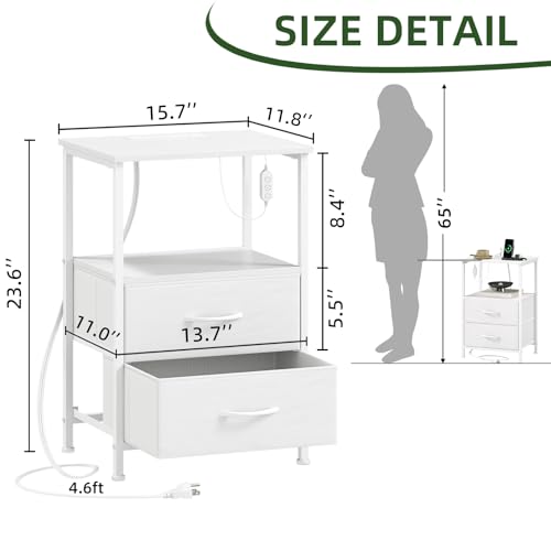 LED Nightstand with Charging Station & 2 Drawers - White Bedside Table