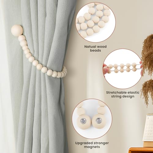 Magnetic Wood Bead Curtain Tiebacks, 2-Pack - No-Drill Drape Holdbacks
