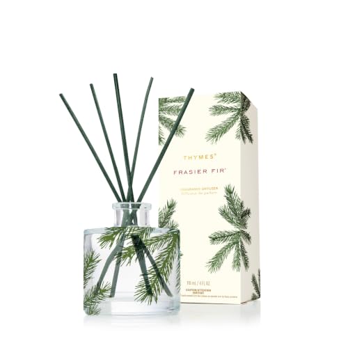 Thymes Frasier Fir Reed Diffuser Set, Green Glass Bottle, 4 fl oz – Pine Needle Fragrance