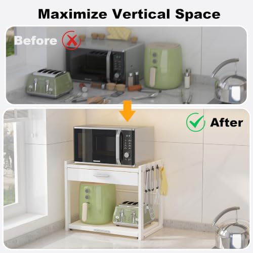 REALINN Microwave Stand with Pull-Out Drawer & Adjustable Shelf, 4 Hooks
