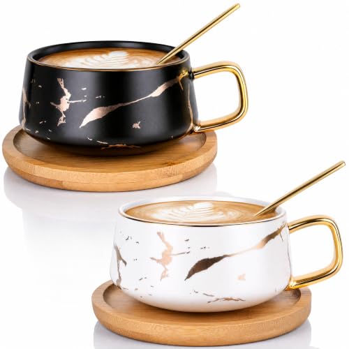 Ceramic Coffee Tea Mug Set with Stainless Steel Spoon & Bamboo Saucer, 10 oz - White & Black