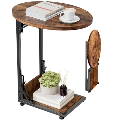 2-Tier C-Shaped Folding Side Table, Compact Metal & Wood Sofa End Table