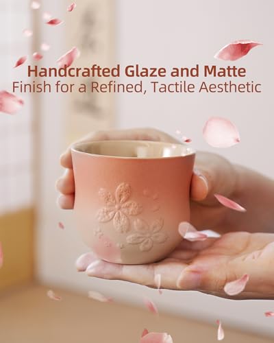 ZENS Pink Sakura Matcha Tea Cups Set of 4 - 210ml Ceramic Japanese Style