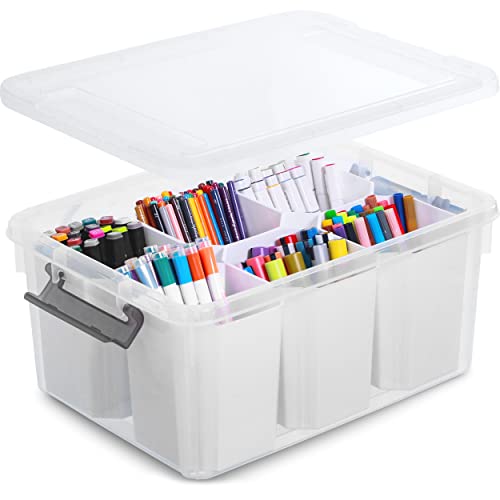 17QT Clear Plastic Craft Organizer and Storage Bin with 6 Detachable Inserts and Lid