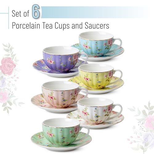 Pastel Blooms Floral Porcelain Tea Cups Set of 6 – Rose Teacups for Tea Party