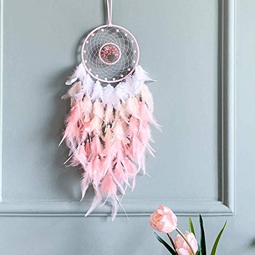 Pink Dream Catcher with Tree of Life and Natural Rose Quartz Crystal Stones