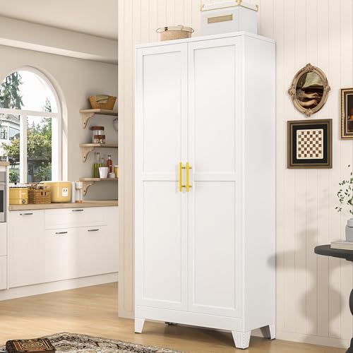 71" Tall White Metal Pantry Cabinet with Doors & 4 Adjustable Shelves