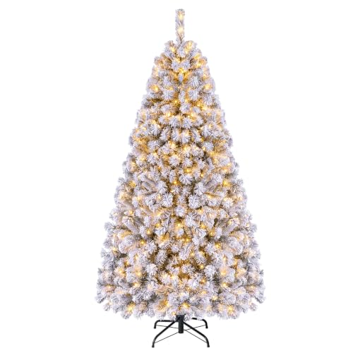 HAPPYGRILL 6ft Pre-Lit White & Green Christmas Tree with Snow Flocked Needles, 600 Tips, LED Lights & Metal Stand