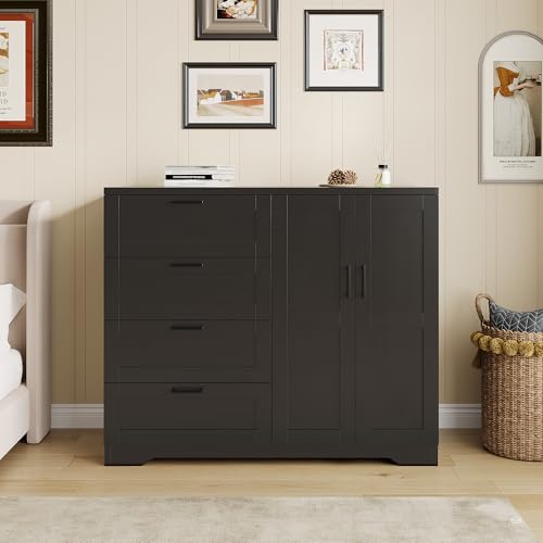 43-Inch Wardrobe Closet with 4 Drawers and Hanging Rod, Black