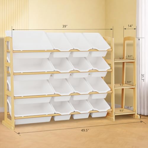 Kids Toy Storage Organizer with 16 Bins & 3 Shelves - Wooden Playroom Rack
