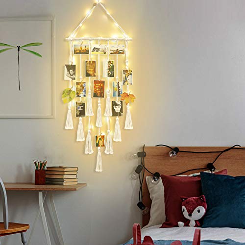 Boho Macrame Photo Display with LED Fairy Lights, Wall Hanging Collage Board