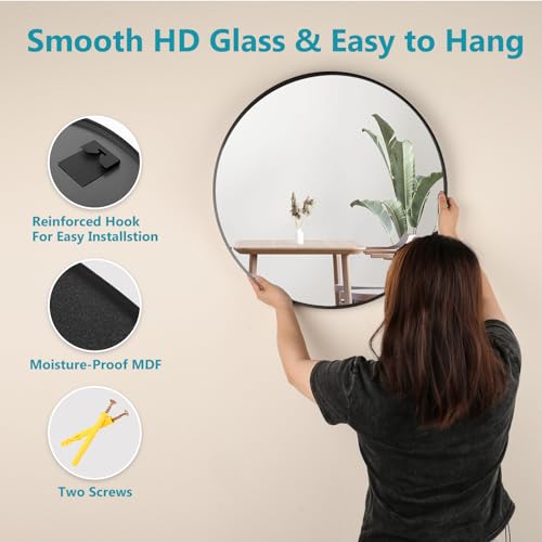 20-Inch Round Wall Mirror, Matte Black Metal Framed Circle Bathroom Mirror