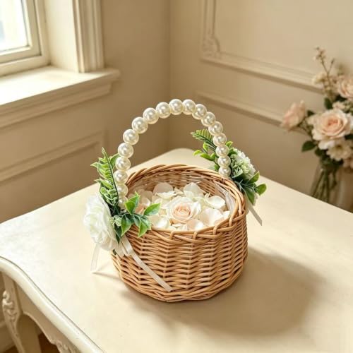 Handwoven Rattan Flower Girl Basket with Pearl Handle and Bow Decoration
