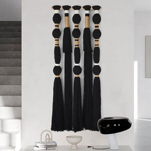 Black Macrame Wall Hanging - Geometric Boho Cotton Tapestry (15.7" x 39")