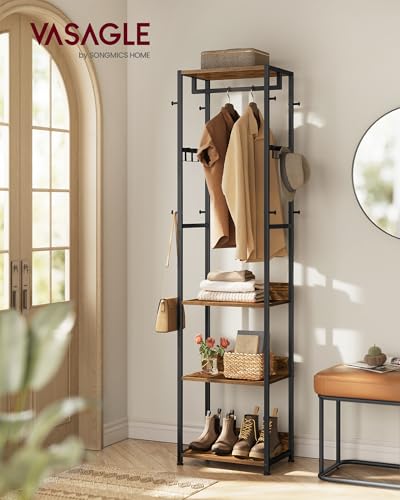 Industrial Freestanding Hall Tree with Storage Shelves and Hanging Rail