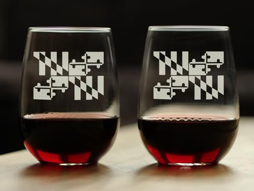 Bevvee Maryland Flag Stemless Wine Glass Set of 2 - 17 oz Maryland State Pride