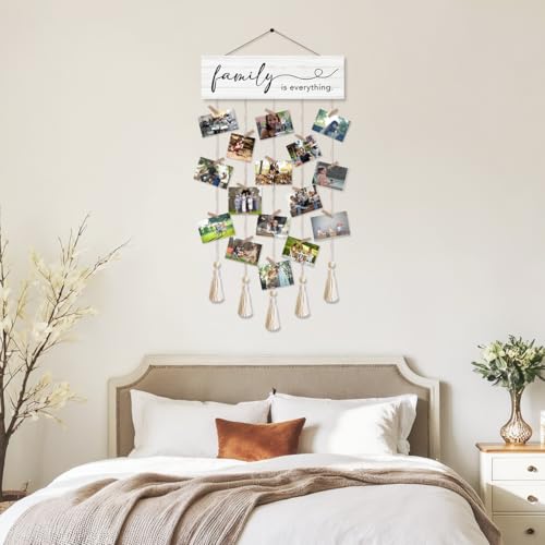 Rustic Farmhouse Hanging Photo Display Board with 16 Clips and Tassels