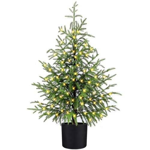 Enven 3ft Norfolk Pine Artificial Christmas Tree with 50 LED Lights & 8 Modes - Potted Holiday Decor (Single Pack)