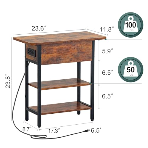 Narrow End Table with Charging Station & Flip Top Storage Shelves