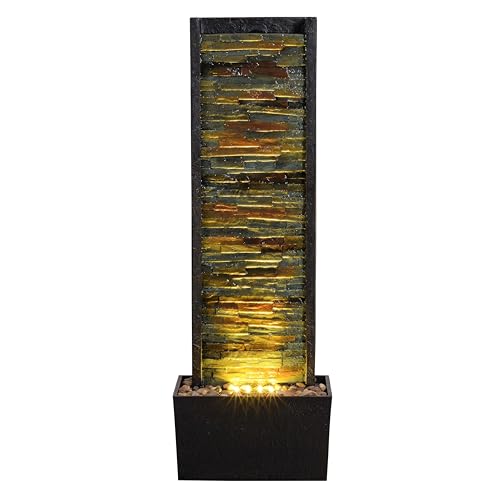 38-Inch Stone Wall Water Fountain with LED Lights for Indoor and Outdoor